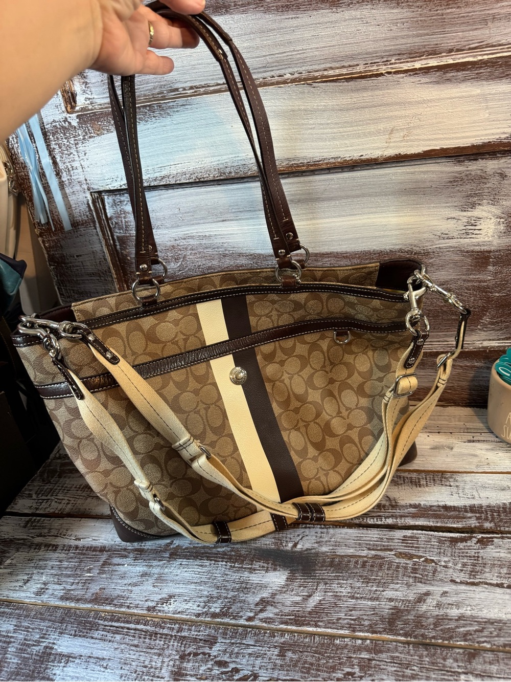 Coach Brown Signature Diaper Bag with Cream and Dark Brown Stripe